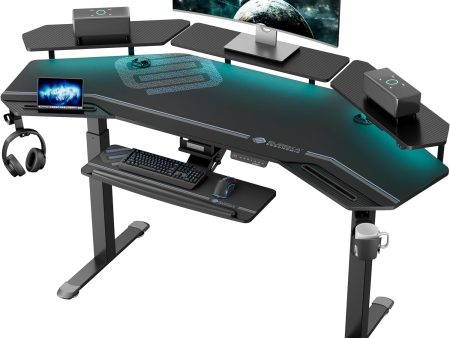 EUREKA ERGONOMIC Gaming Desk, Standing Desk Keyboard Tray, 72  Wing Shaped Music Studio Desk Electric Adjustable Height Desk Sit Stand Desk with LED Shelves, Gaming Recording Live Stream, Slot Design Online now