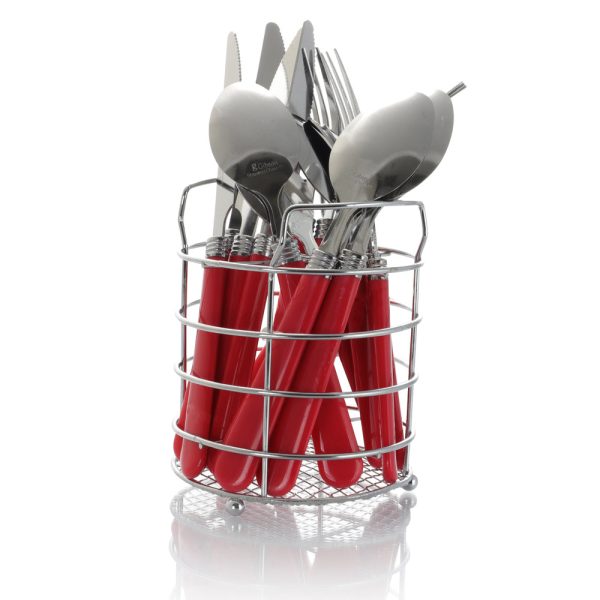 Gibson Sensations II 16 Piece Stainless Steel Flatware Set with Red Handles and Chrome Caddy Fashion