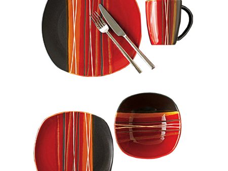 Gibson Bazaar Red 16pc Set, Red Black Stripes, Stoneware Supply