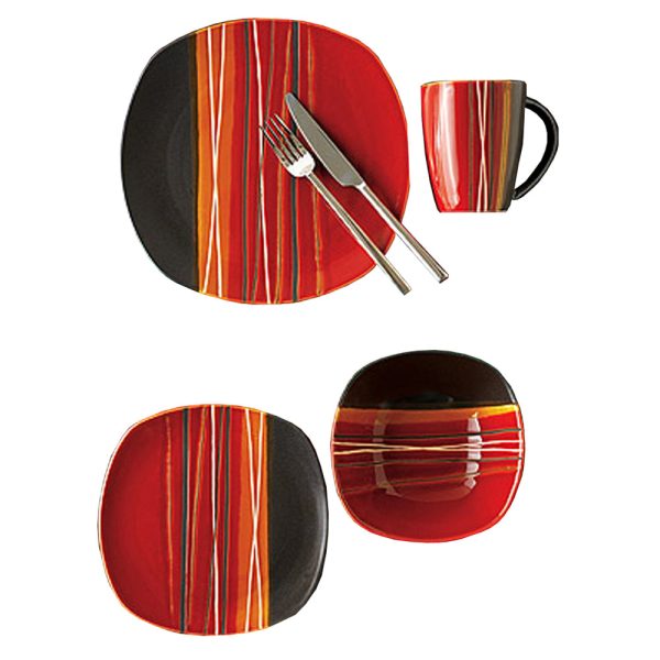 Gibson Bazaar Red 16pc Set, Red Black Stripes, Stoneware Supply