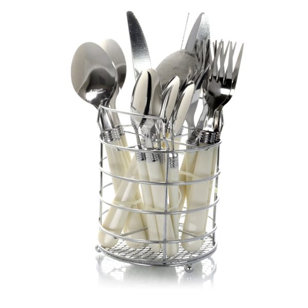 Gibson Sensations II 16 Piece Stainless Steel Flatware Set with White Handles and Chrome Caddy Discount